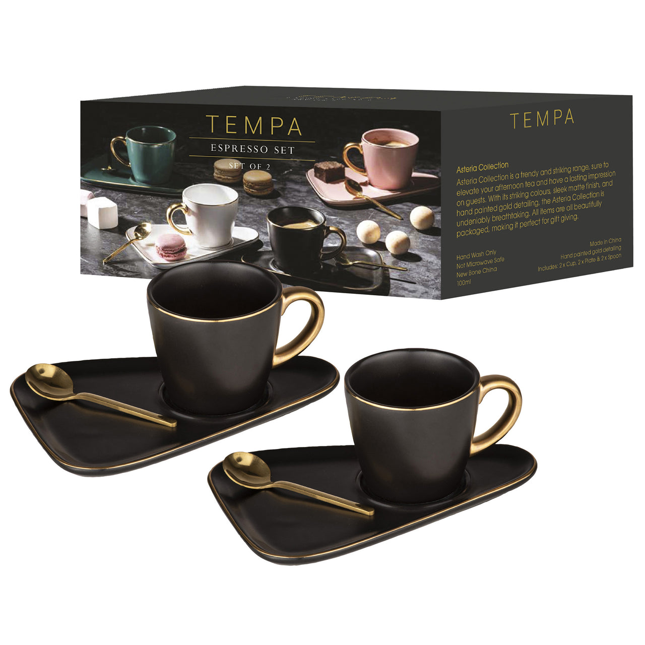 Black Asteria 80ml Espresso Cups & Saucers with Spoons (Set of 2)