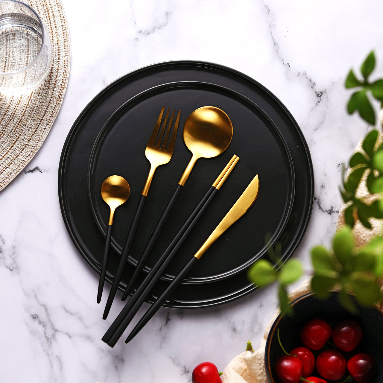 30 Piece Black & Gold Cutlery Set