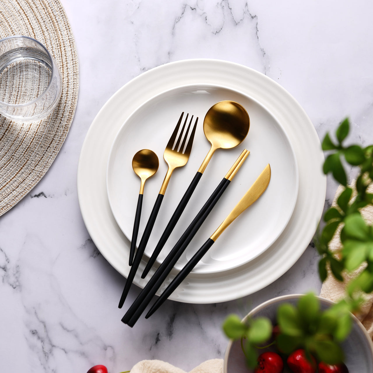 30 Piece Black & Gold Cutlery Set