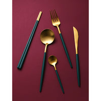 30 Piece Green & Gold Cutlery Set
